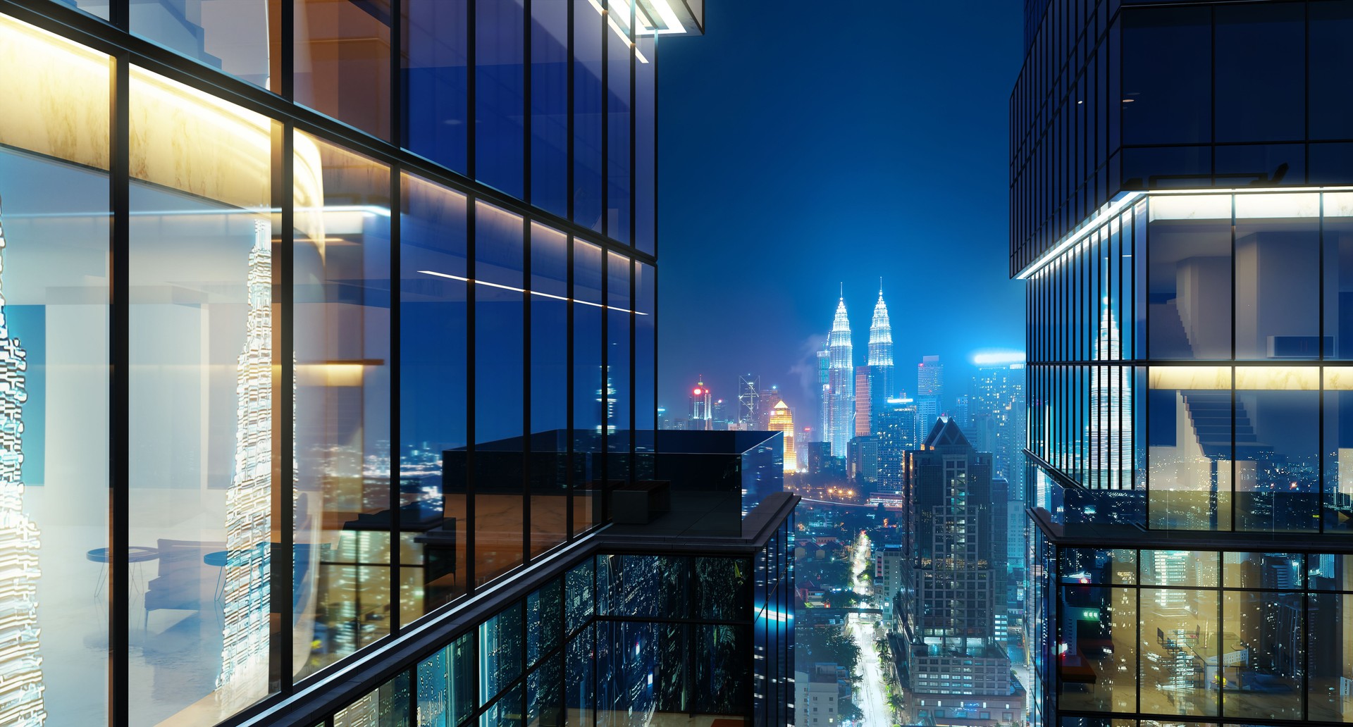 Modern high-end apartment or office with beautiful night city view